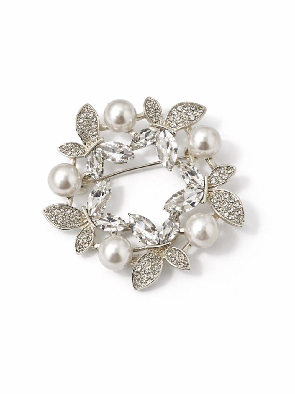 Crystal and Pearl Wreath Brooch - Silver Tone New